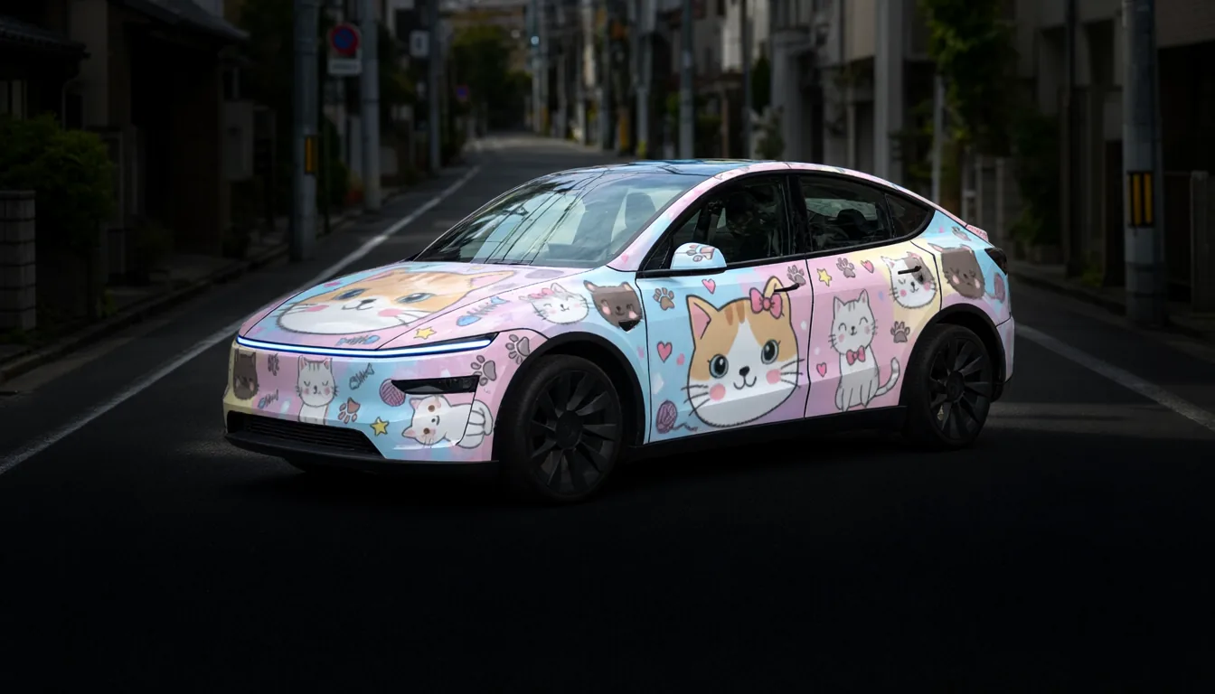 Ein Anime-Wrap im Itasha-Stil auf einem Model Y, wobei sich die Kunst über die Türen erstreckt.