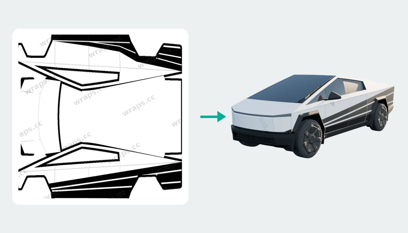 Das Cybertruck-Template (links) und derselbe Wrap auf dem 3D-Truck (rechts): Flache Paneele bedeuten nur sehr geringe Verzerrung.