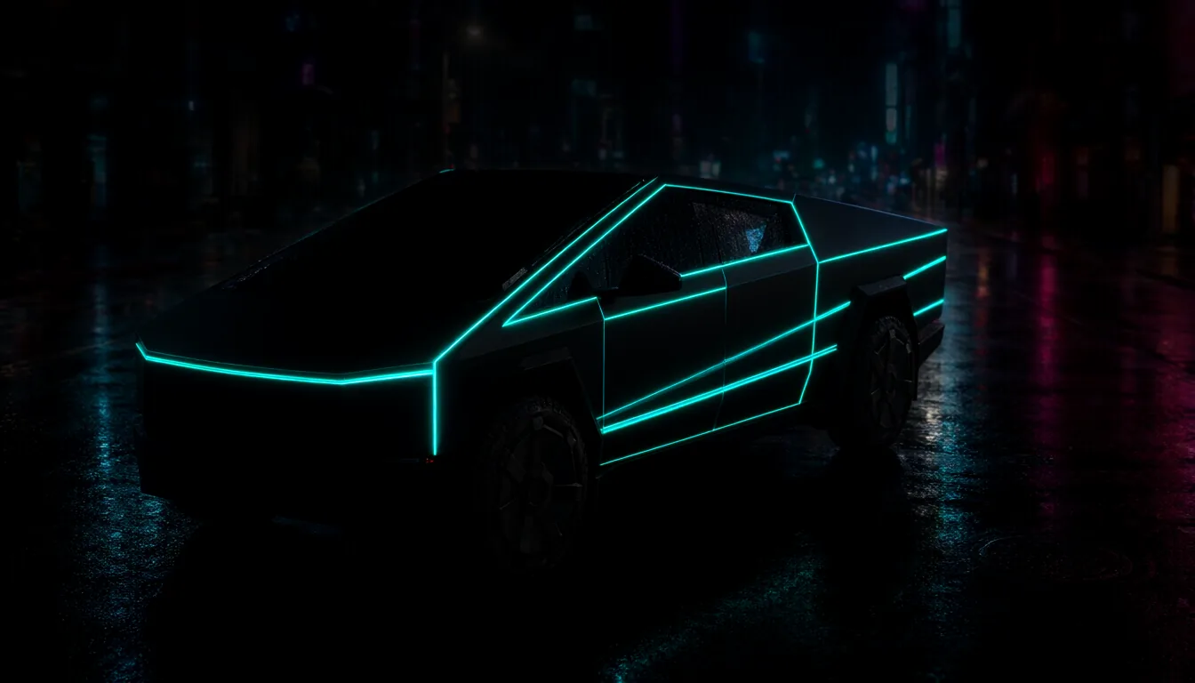 Ein Cyberpunk-Cybertruck-Wrap: Mattschwarz mit Neonlinien entlang der Karosseriekanten.
