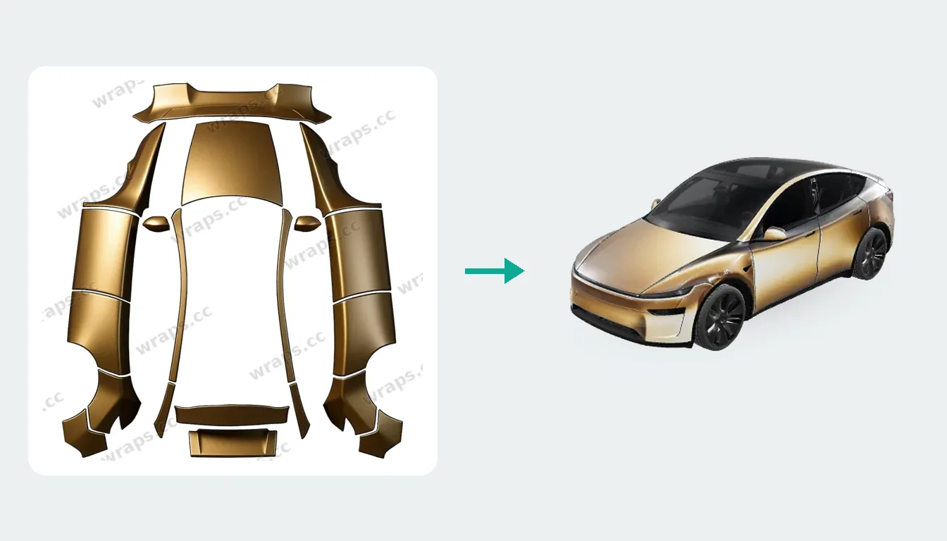 Jeder Download ist das flache PNG auf der Vorlage deines Autos (links), hier gezeigt auf dem 3D-Modell Y (rechts).