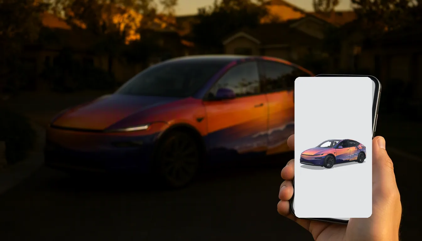 Tesla 앱에서 휴대폰의 PNG 파일을 업로드하고 3D 차량에서 미리보기하세요.