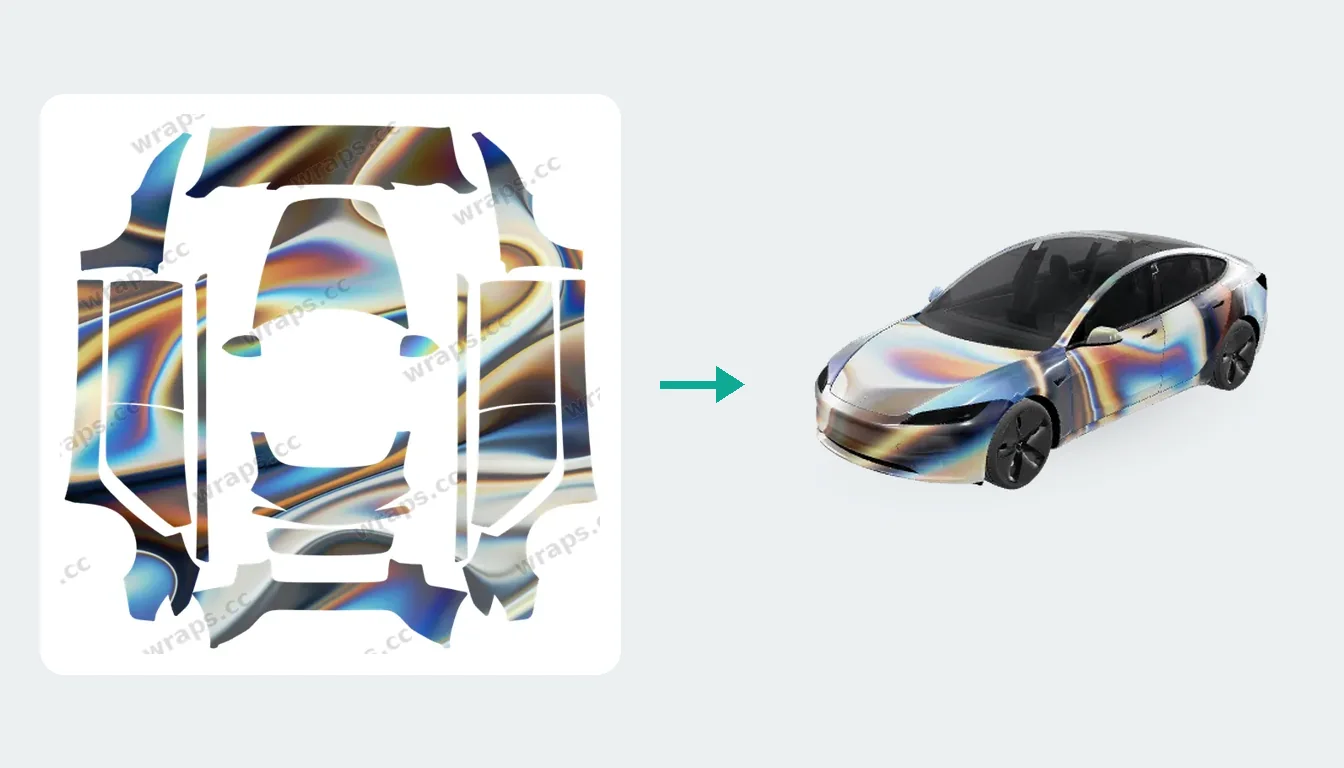 Un wrap est un PNG à plat disposé sur le gabarit (à gauche) ; Tesla le projette sur la voiture 3D (à droite).