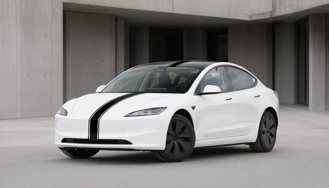 Les designs simples sont souvent les plus réussis : une Model 3 blanche avec une seule bande noire.